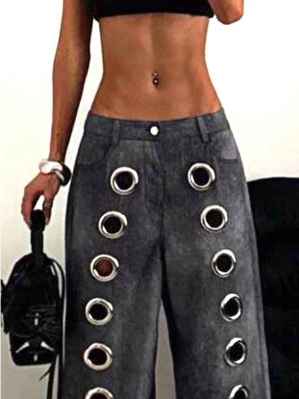 Wide-Leg Dark Gray Women's Jeans with Metal Eyelet Details